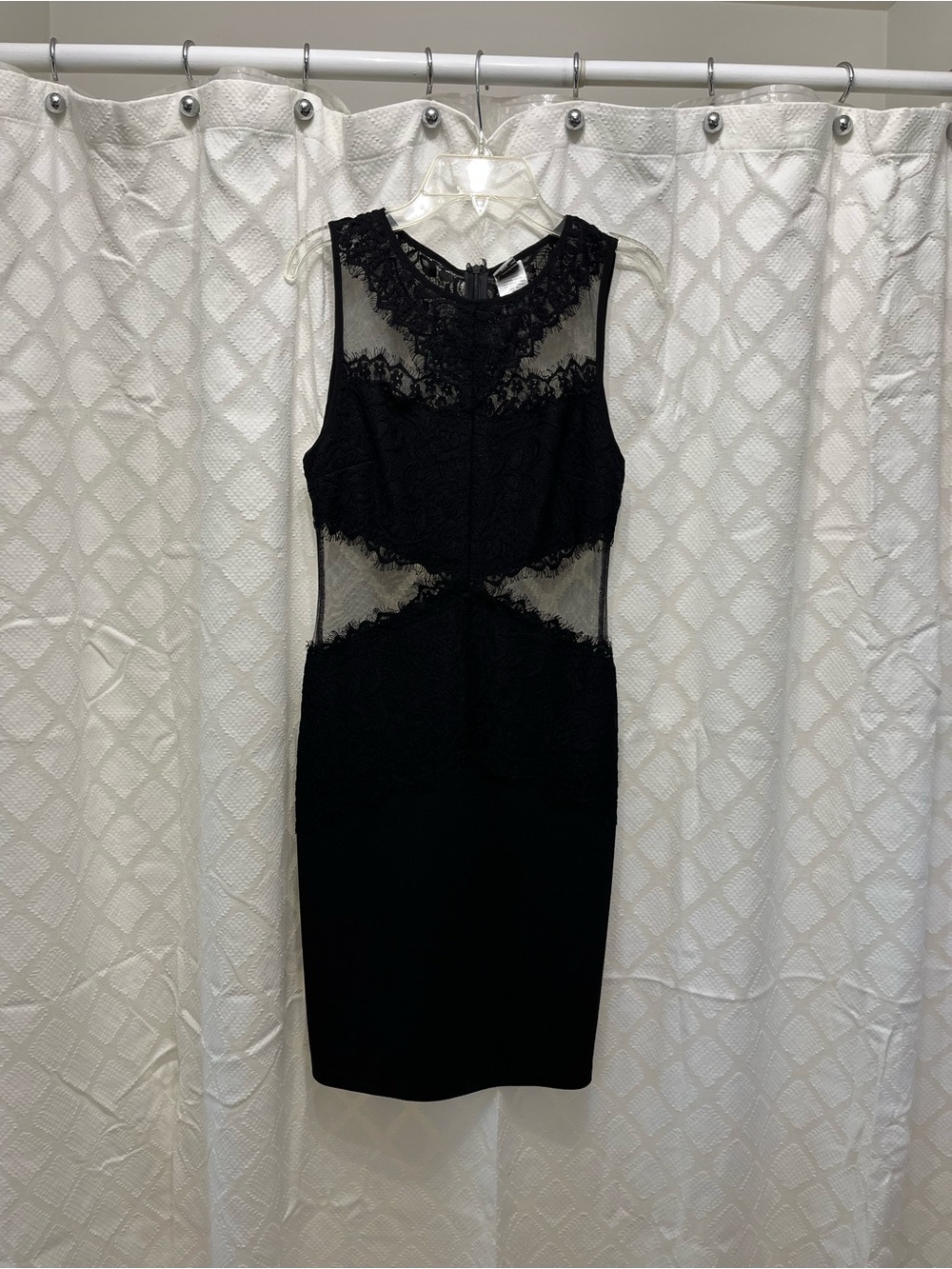 Sleeveless Black Lace Midi Dress with Sheer Insets
